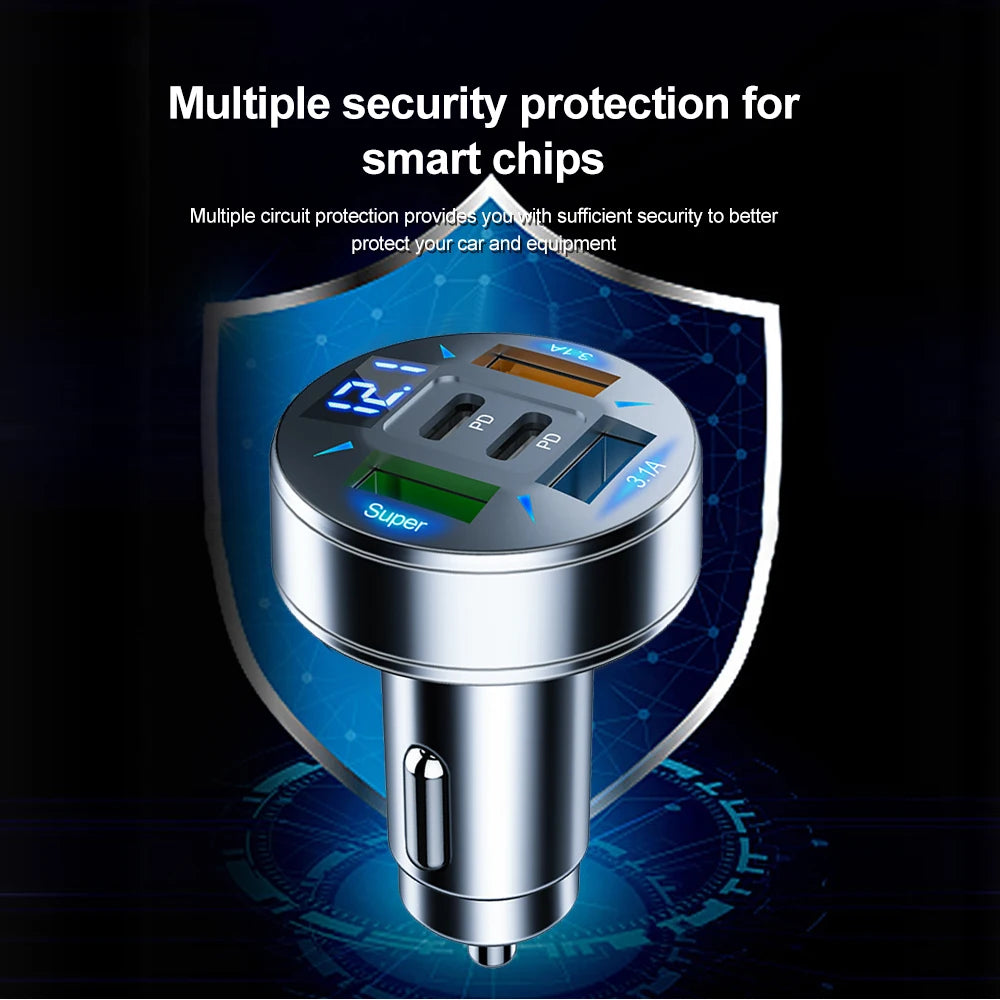 Cargador de coche de 250 W con 5 puertos, carga rápida PD QC3.0, USB C, adaptador de cargador de teléfono para coche con voltaje para iPhone, Samsung, Huawei y Xiaomi.