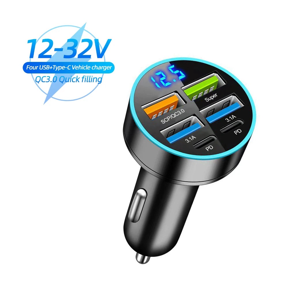 Cargador de coche de 250 W con 5 puertos, carga rápida PD QC3.0, USB C, adaptador de cargador de teléfono para coche con voltaje para iPhone, Samsung, Huawei y Xiaomi.
