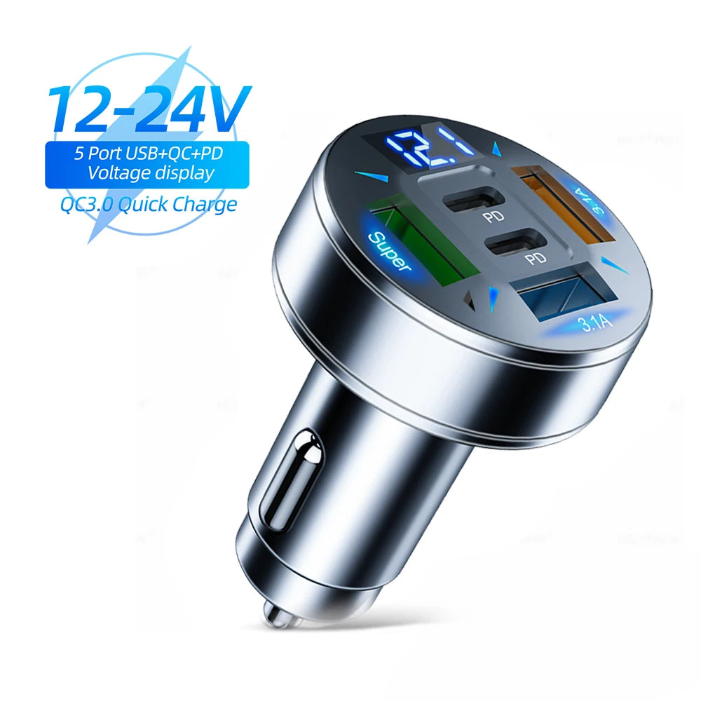 Cargador de coche de 250 W con 5 puertos, carga rápida PD QC3.0, USB C, adaptador de cargador de teléfono para coche con voltaje para iPhone, Samsung, Huawei y Xiaomi.