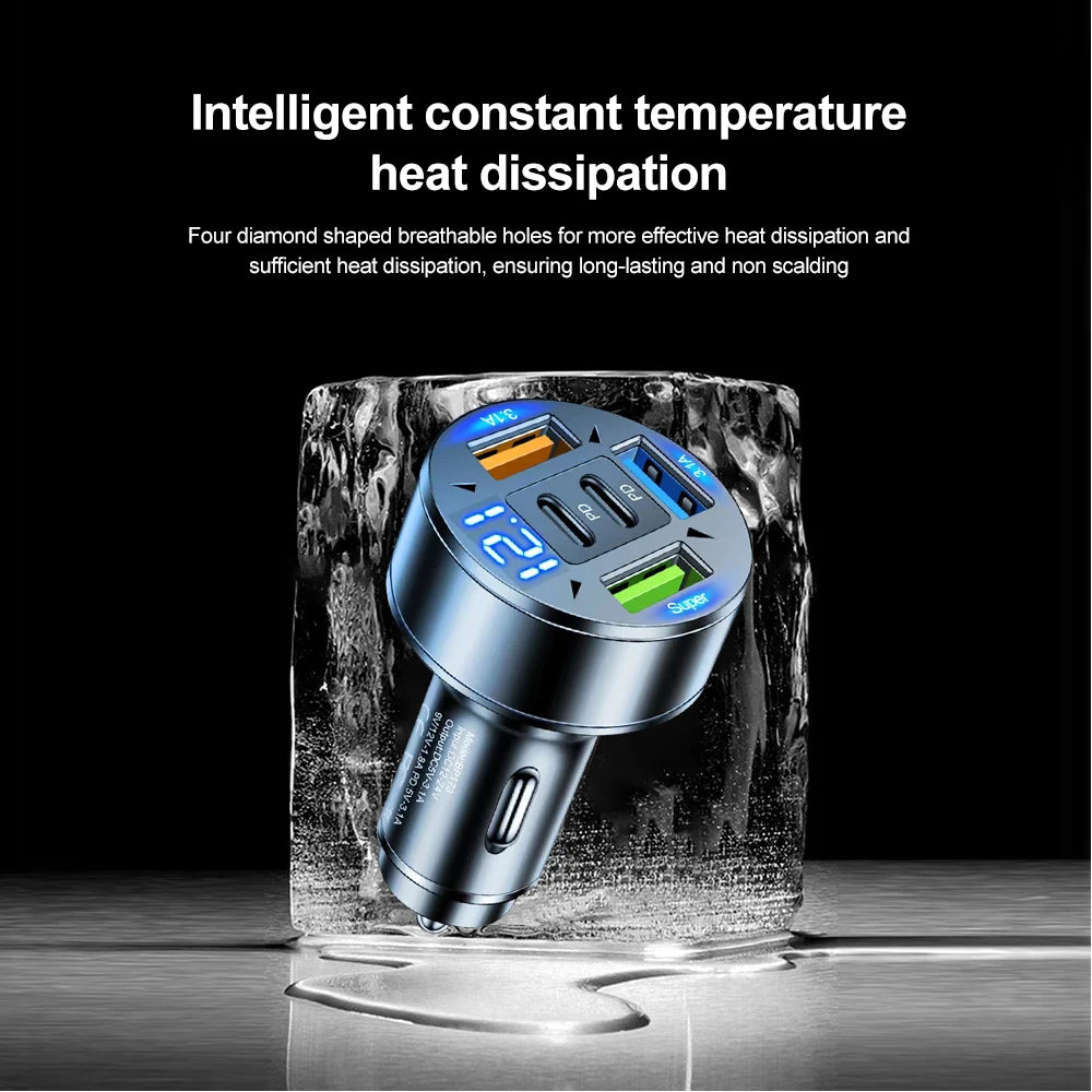 Cargador de coche de 250 W con 5 puertos, carga rápida PD QC3.0, USB C, adaptador de cargador de teléfono para coche con voltaje para iPhone, Samsung, Huawei y Xiaomi.