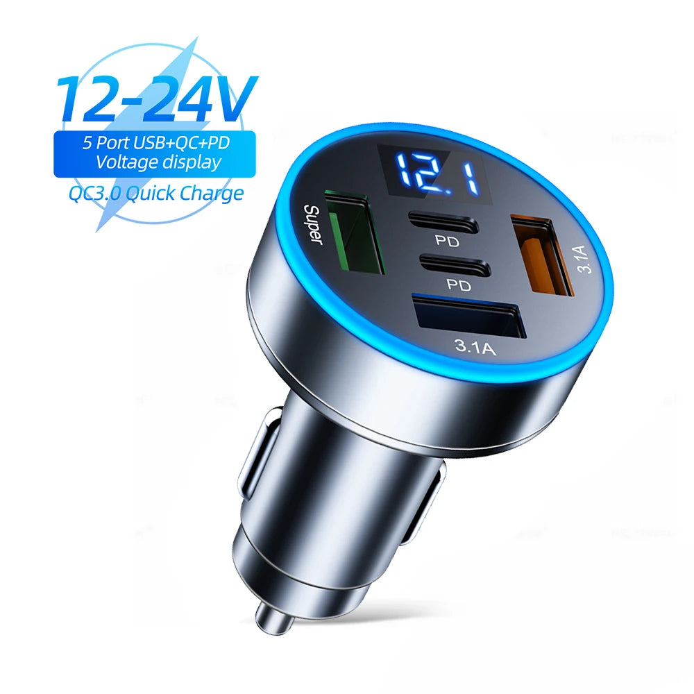 Cargador de coche de 250 W con 5 puertos, carga rápida PD QC3.0, USB C, adaptador de cargador de teléfono para coche con voltaje para iPhone, Samsung, Huawei y Xiaomi.