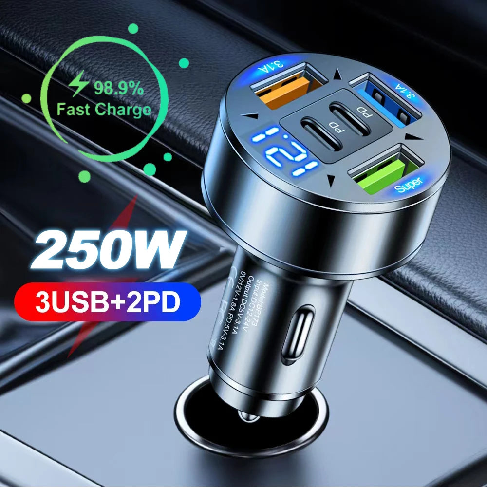 Cargador de coche de 250 W con 5 puertos, carga rápida PD QC3.0, USB C, adaptador de cargador de teléfono para coche con voltaje para iPhone, Samsung, Huawei y Xiaomi.
