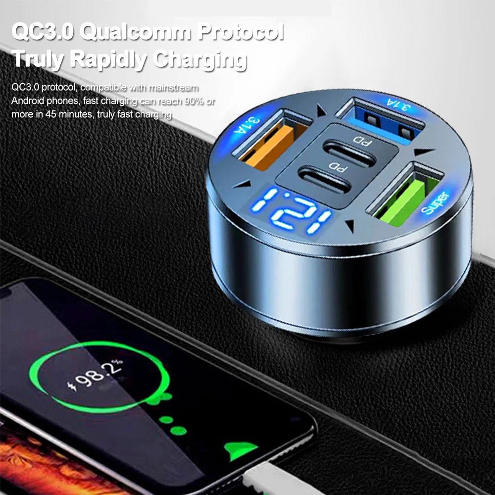 Cargador de coche de 250 W con 5 puertos, carga rápida PD QC3.0, USB C, adaptador de cargador de teléfono para coche con voltaje para iPhone, Samsung, Huawei y Xiaomi.